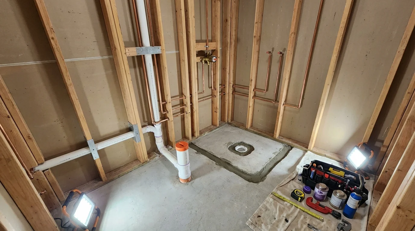 Bathroom rough-in plumbing during remodel by Johns Plumbing LLC in Harriman