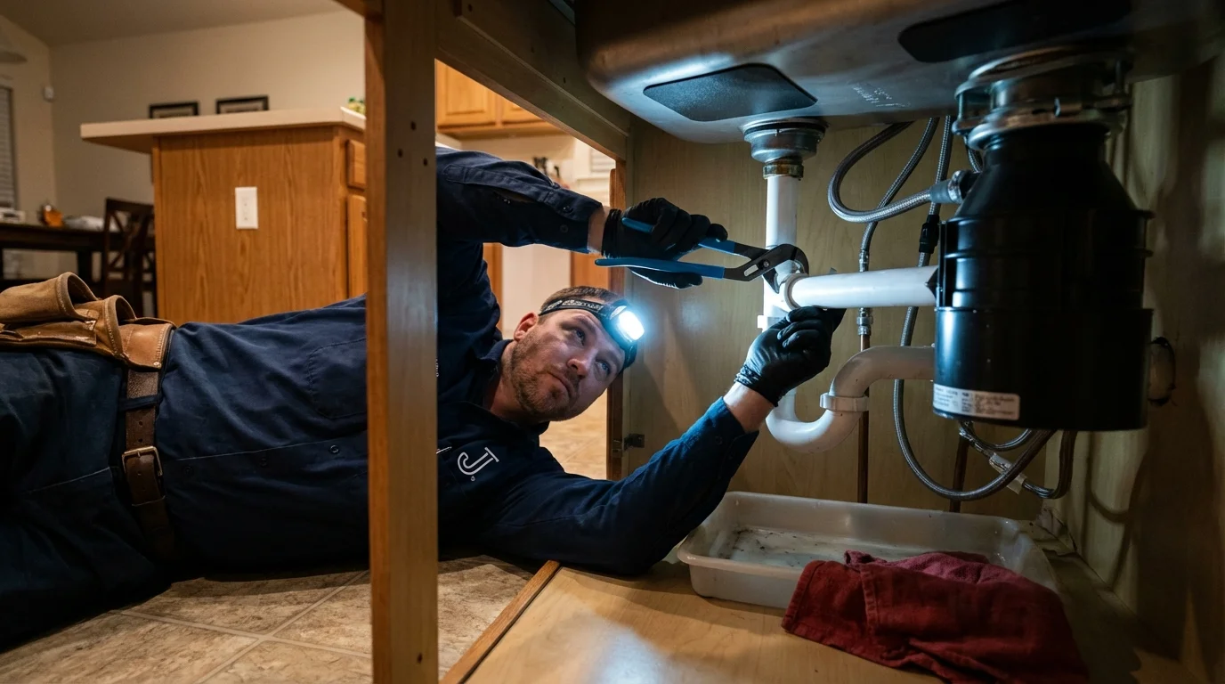 P-trap and supply line connections under a kitchen sink showing a common leak point in Harriman, NY